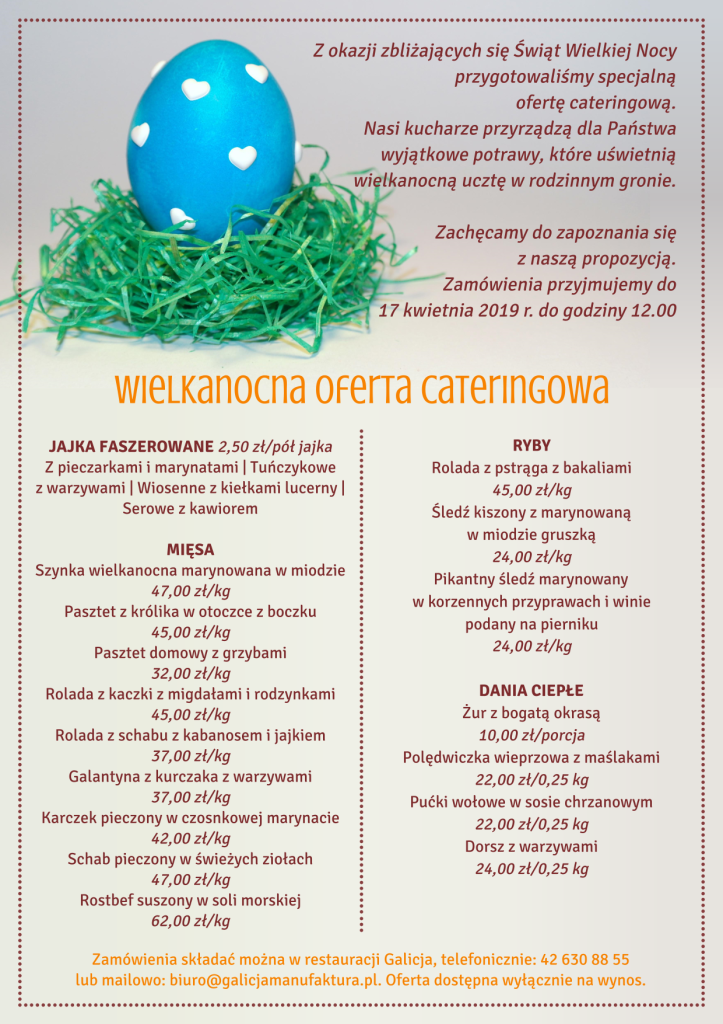 Wielkanoc - oferta cateringowa restauracji Galicja